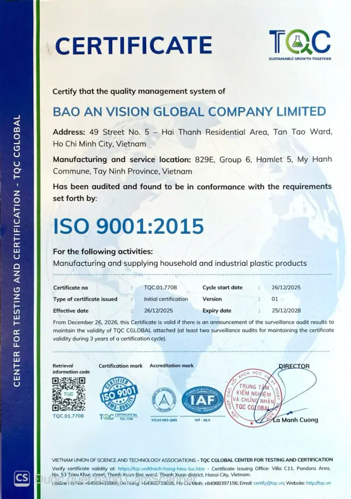 ISO 9001:2015 certificate – Bao An Vision Global